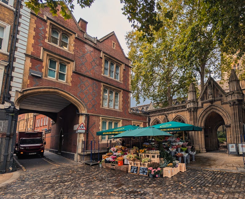 A flower stall set up outside a historic red-brick building with arched entrances and decorative stone details near a Gothic-style stone gate. The stall features an array of fresh flowers including pi